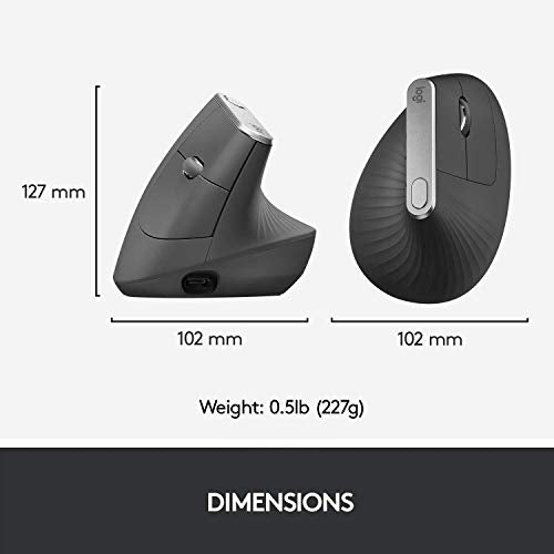 Logitech MX Vertical Ergonomic Wireless Mouse, Multi-Device, Bluetooth or 2.4GHz Wireless with USB Unifying Receiver, 4000 DPI Optical Tracking, 4 Buttons, Fast Charging, Laptop/PC/Mac/iPad OS- Black