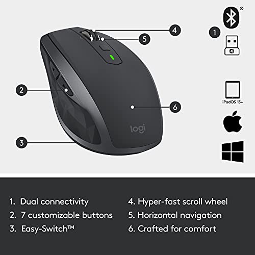 Logitech MX Anywhere 2S Wireless Mouse, Multi-Device, Bluetooth and 2.4 GHz with USB Unifying Receiver, laptop/ PC/ Mac/ iPad OS- Graphite Black