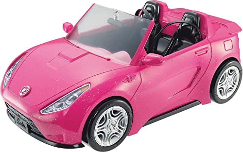 Barbie Convertible Car, sparkly pink with the Barbie silhouette as hood ornament, two-seater vehicle, DXV59