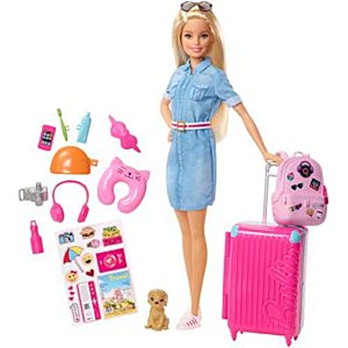 Barbie Travel Doll, Blonde, with Puppy, Opening Suitcase, Stickers and 10+ Accessories, for 3 to 7 Year Olds, FWV25