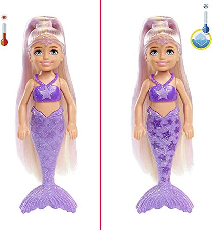 Barbie Chelsea Color Reveal Mermaid Doll with 6 Unboxing Surprises: Metallic Blue with Rainbows; 4 Bags with Accessories; Water Reveals Full Look & Color Change on Tail; Gift for Kids 3 Years & Older