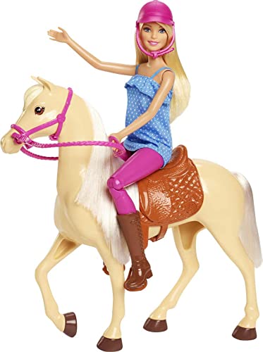Barbie Doll, Blonde, Wearing Riding Outfit with Helmet, and Light Brown Horse with Soft White Mane and Tail, Gift for 3 to 7 Year Olds, FXH13