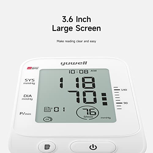 yuwell Blood Pressure Monitor, Extra Large Upper Arm Cuff, Digital BP Machine for Home Use & Pulse Rate Monitoring Meter, Automatic, Large Display, Voice Broadcasting with Power Adapter and Batteries