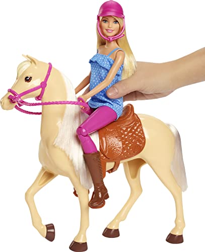 Barbie Doll, Blonde, Wearing Riding Outfit with Helmet, and Light Brown Horse with Soft White Mane and Tail, Gift for 3 to 7 Year Olds, FXH13