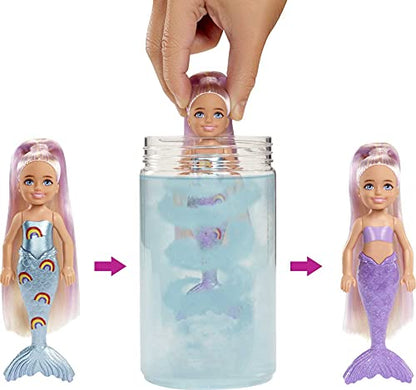 Barbie Chelsea Color Reveal Mermaid Doll with 6 Unboxing Surprises: Metallic Blue with Rainbows; 4 Bags with Accessories; Water Reveals Full Look & Color Change on Tail; Gift for Kids 3 Years & Older