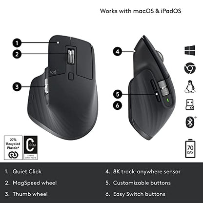 Logitech MX Master 3S - Wireless Performance Mouse with Ultra-fast Scrolling, Ergo, 8K DPI, Track on Glass, Quiet Clicks, USB-C, Bluetooth, Windows, Linux, Chrome - Grey