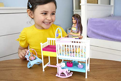 Barbie Nursery Playset with Skipper Babysitters Inc. Doll, 2 Baby Dolls, Crib and 10+ Pieces of Working Baby Gear and Themed Toys, Gift Set for 3 to 7 Year Olds, GFL38