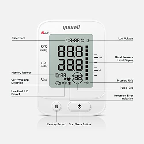 yuwell Blood Pressure Monitor, Extra Large Upper Arm Cuff, Digital BP Machine for Home Use & Pulse Rate Monitoring Meter, Automatic, Large Display, Voice Broadcasting with Power Adapter and Batteries