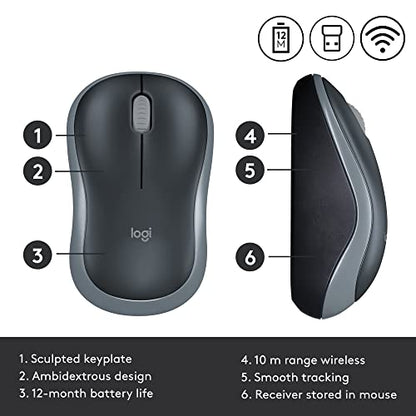 Logitech M185 Wireless Mouse, 2.4GHz with USB Mini Receiver, 12-Month Battery Life, 1000 DPI Optical Tracking, Ambidextrous, Compatible with PC, Mac, Laptop - Grey