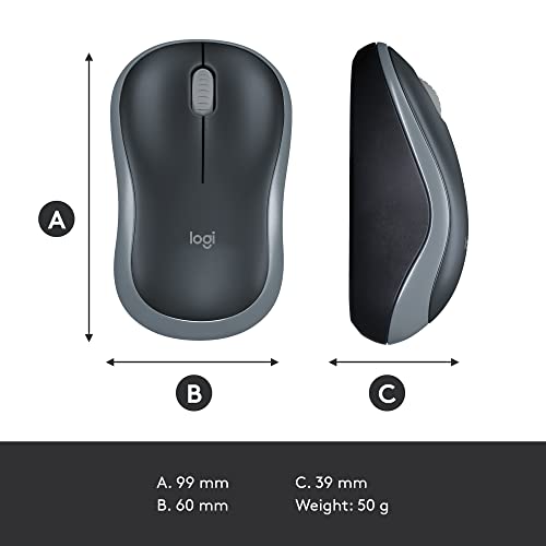 Logitech M185 Wireless Mouse, 2.4GHz with USB Mini Receiver, 12-Month Battery Life, 1000 DPI Optical Tracking, Ambidextrous, Compatible with PC, Mac, Laptop - Grey