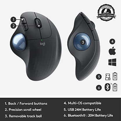 Logitech ERGO M575 Wireless Trackball Mouse - Easy thumb control, precision and smooth tracking, ergonomic comfort design, for Windows, PC and Mac with Bluetooth and USB capabilities - Grey