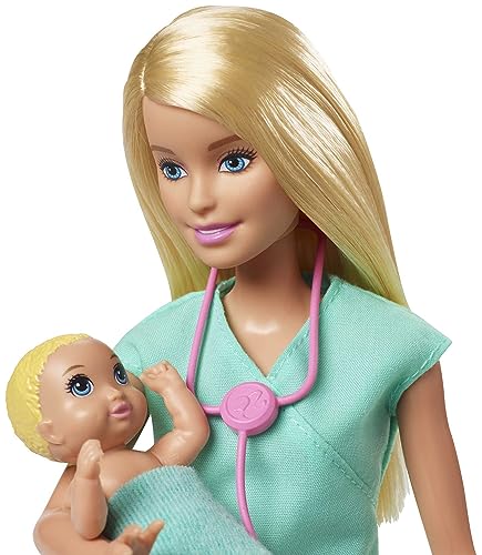Barbie Baby Doctor Playset with Blonde Doll, 2 Infant Dolls, Exam Table and Accessories, Stethoscope, Chart and Mobile for Ages 3 and Up, GKH23