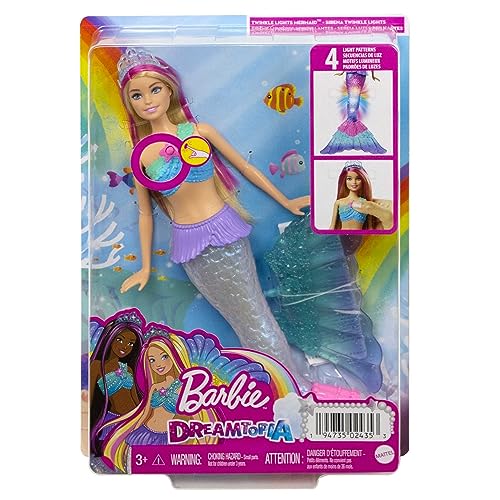 Mermaid Barbie Doll with Water-Activated Twinkle Light-Up Tail, Barbie Dreamtopia Mermaid Toys, Pink-Streaked Hair, HDJ36
