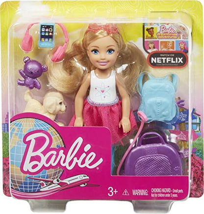 Chelsea Travel Doll, Blonde, with Puppy, Carrier & Accessories, Barbie set for 3 to 7 Year Olds, FWV20
