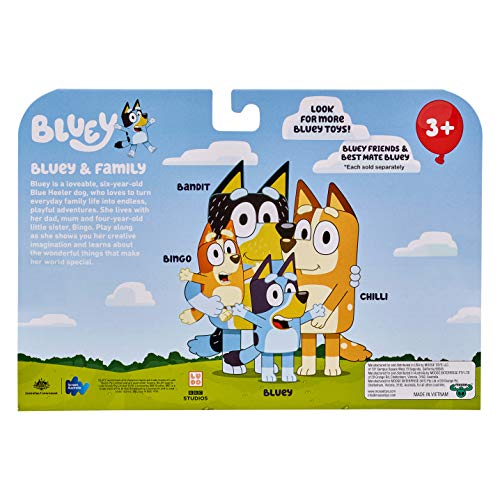Bluey and Family: Bingo, Bandit and Chilli 4 Figure pack Articulated Character Action Figures 2.5 inches Official Collectable Toy