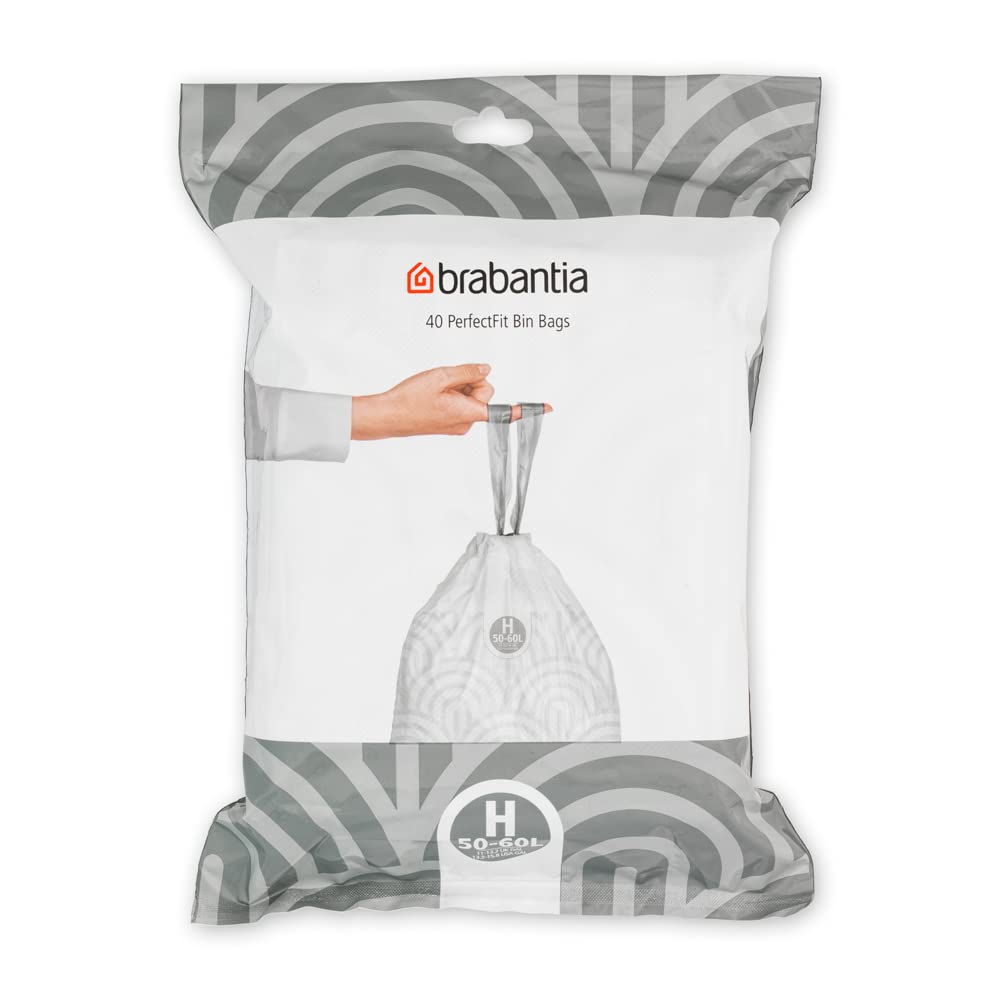 Brabantia 138744 PerfectFit Bin Liners (Size H/50-60 Litre) Thick Plastic Trash Bags with Tie Tape Drawstring Handles (40 Bags), White