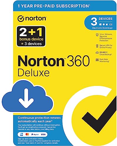 Norton 360 Deluxe 2023, Antivirus Software for 2 + 1 Devices and 1-Year Subscription with Automatic ‎Renewal, Includes Secure VPN and Password Manager, PC/Mac/iOS/Android, Activation Code by email