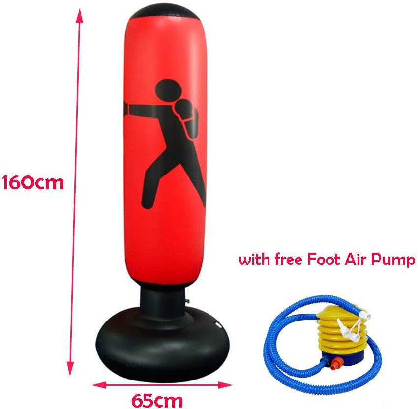 160cm Punch Bag, Inflatable Free-Standing Fitness Target Stand Tower Bag, Free Standing Tumbler Column Sandbag with a Free Foot Air Pump, Wine Red