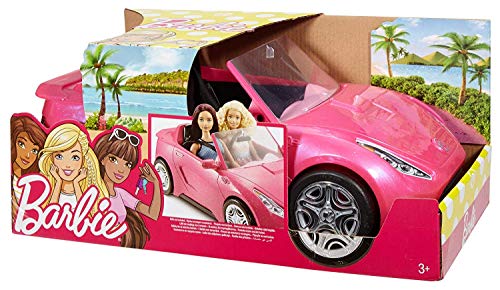 Barbie Convertible Car, sparkly pink with the Barbie silhouette as hood ornament, two-seater vehicle, DXV59