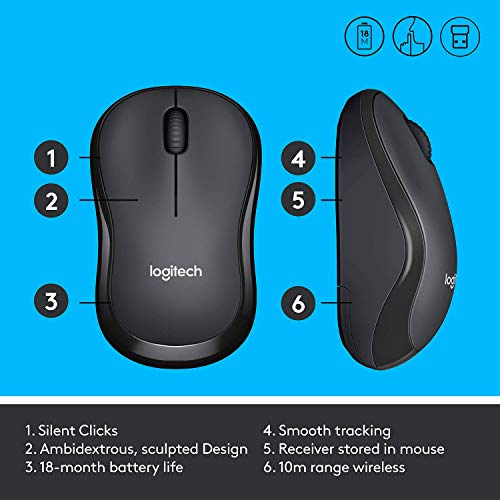 Logitech M220 SILENT Wireless Mouse, 2.4 GHz with USB Receiver, 1000 DPI Optical Tracking, 18-Month Battery, Ambidextrous, Compatible with PC, Mac, Laptop - Grey