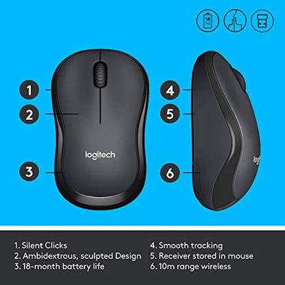 Logitech M220 SILENT Wireless Mouse, 2.4 GHz with USB Receiver, 1000 DPI Optical Tracking, 18-Month Battery, Ambidextrous, Compatible with PC, Mac, Laptop - Grey