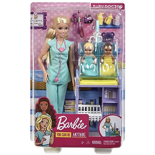 Barbie Baby Doctor Playset with Blonde Doll, 2 Infant Dolls, Exam Table and Accessories, Stethoscope, Chart and Mobile for Ages 3 and Up, GKH23