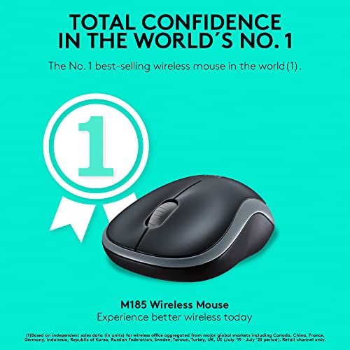 Logitech M185 Wireless Mouse, 2.4GHz with USB Mini Receiver, 12-Month Battery Life, 1000 DPI Optical Tracking, Ambidextrous, Compatible with PC, Mac, Laptop - Grey