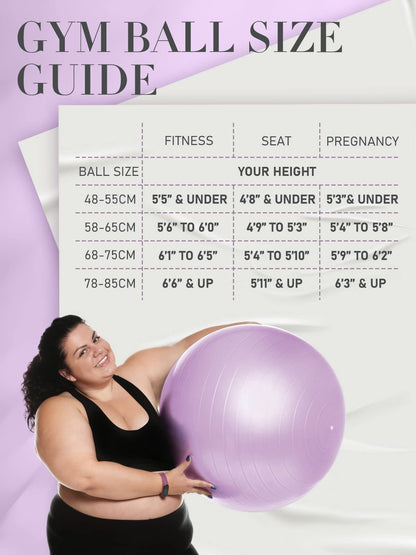 PhysKcal Gym Ball 65cm Purple Exercise Swiss Ball for Fitness Yoga Pilates Pregnancy, Anti Burst Ball Chair for Balance, Stability, Quick Pump Included
