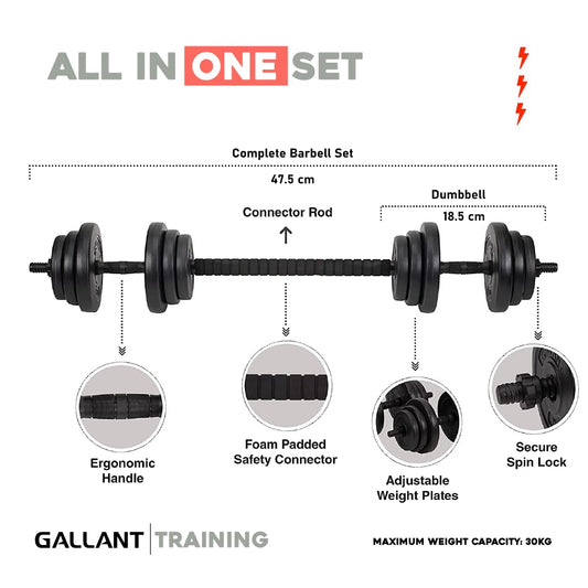 Gallant 20kg Adjustable Dumbbells Set, 2 in 1 Dumbbells and Barbell Hand Free Weights Dumbbells Set for Strength Training, Weight Lifting, Bodybuilding- Weight Sets for Men and Women