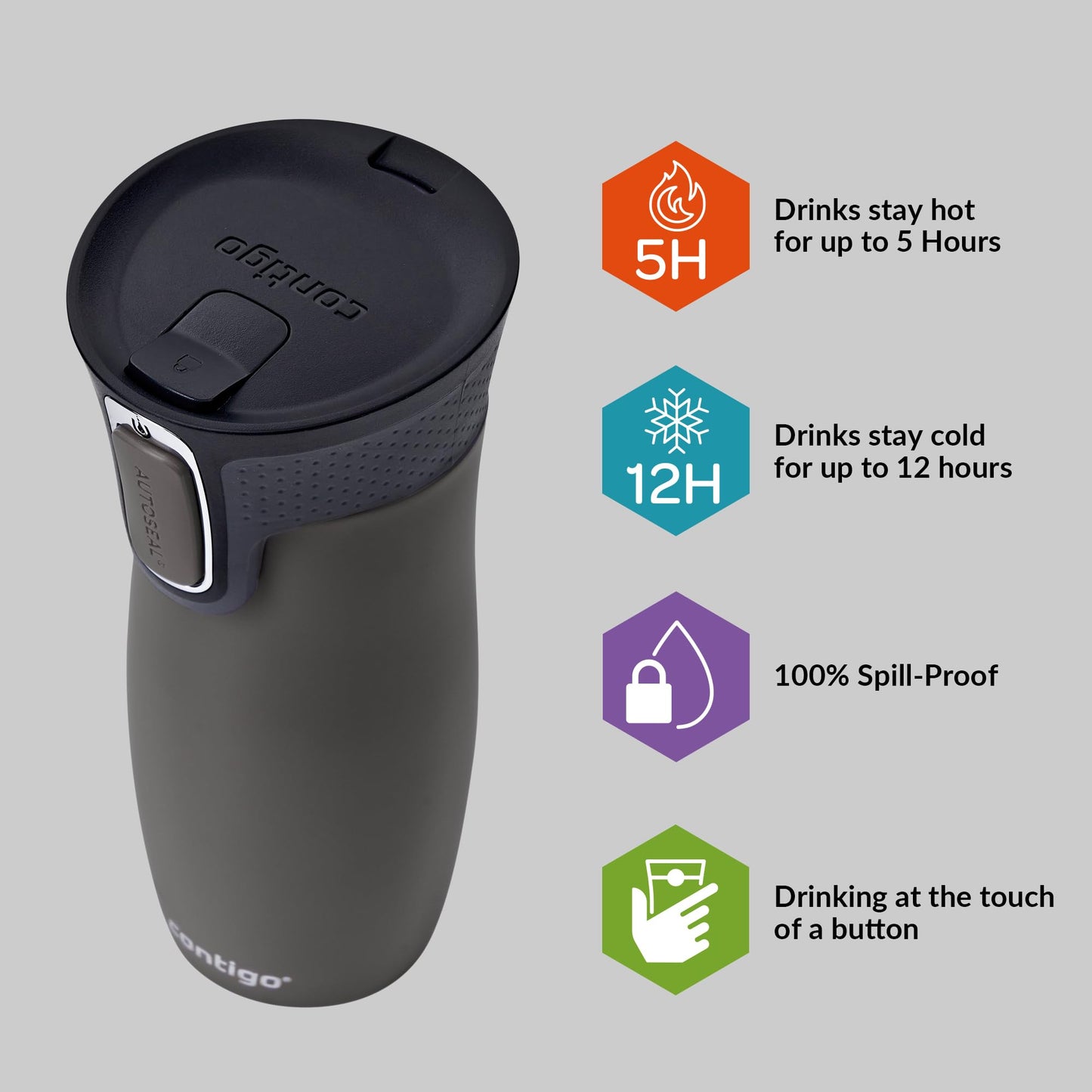 Contigo West Loop Autoseal Travel Mug, Stainless Steel Thermal Mug, Vacuum Flask, Leakproof Tumbler, Coffee Mug with BPA Easy-Clean Lid, 470 ml, Gunmetal