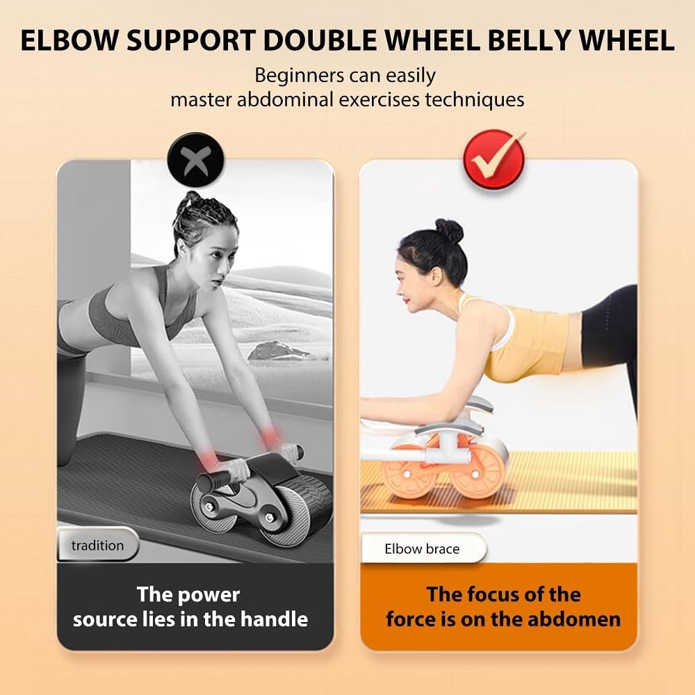 Automatic Rebound Abdominal Wheel, Ab Roller Exercise Wheel with Elbow Support, Abdominal Exercise Wheel, Core Exercise Equipment for Fitness Home Gym Workout - Mute Roller, Dual Wheel Design (Orange)