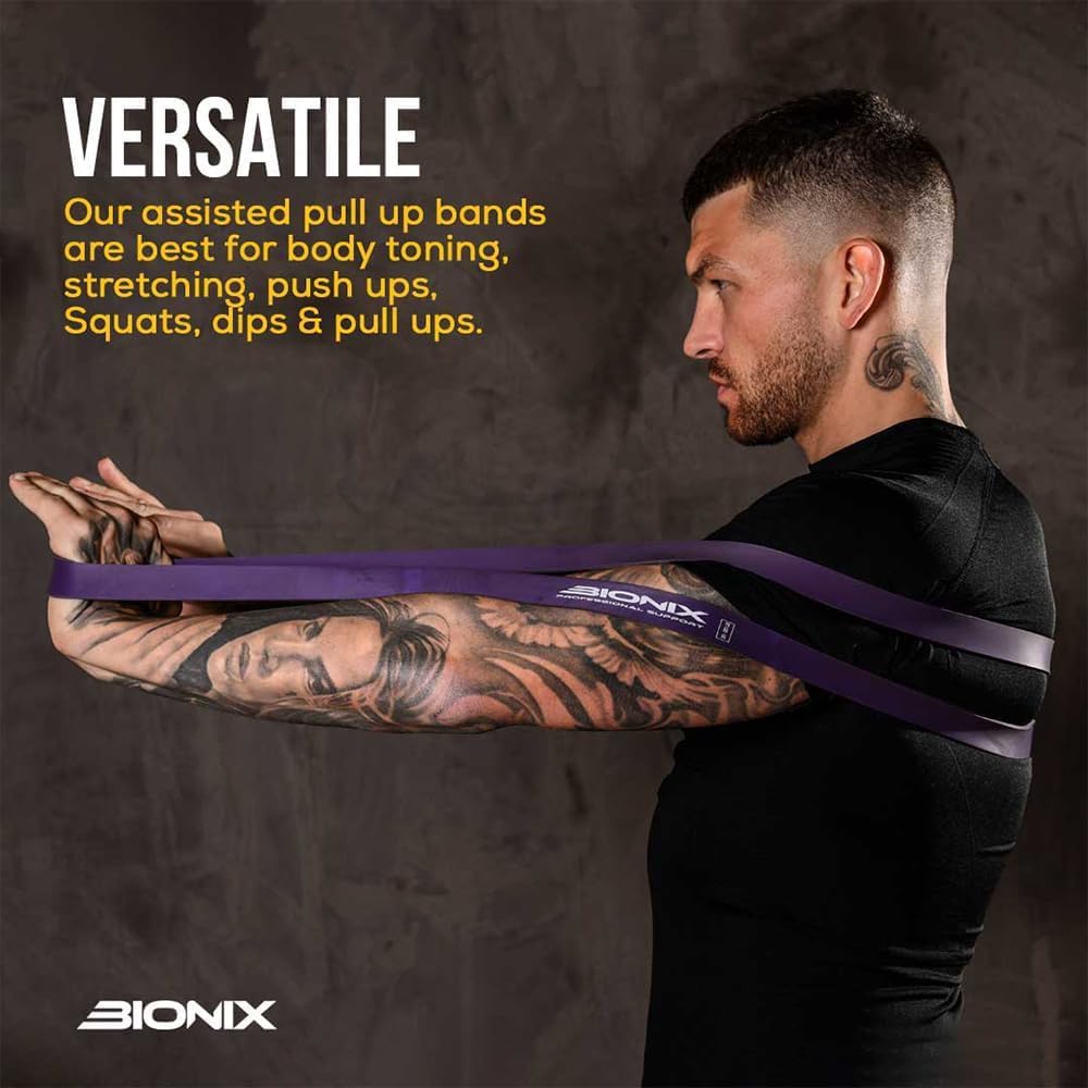 Bionix Pull Up Resistance Bands - 4.5mm Thick, Durable, Eco-Friendly Stretch Bands for Exercise, Workout, Gym, Yoga, Pilates- Different Levels Long Loop Training Band Set for Men and Women Pack of 3