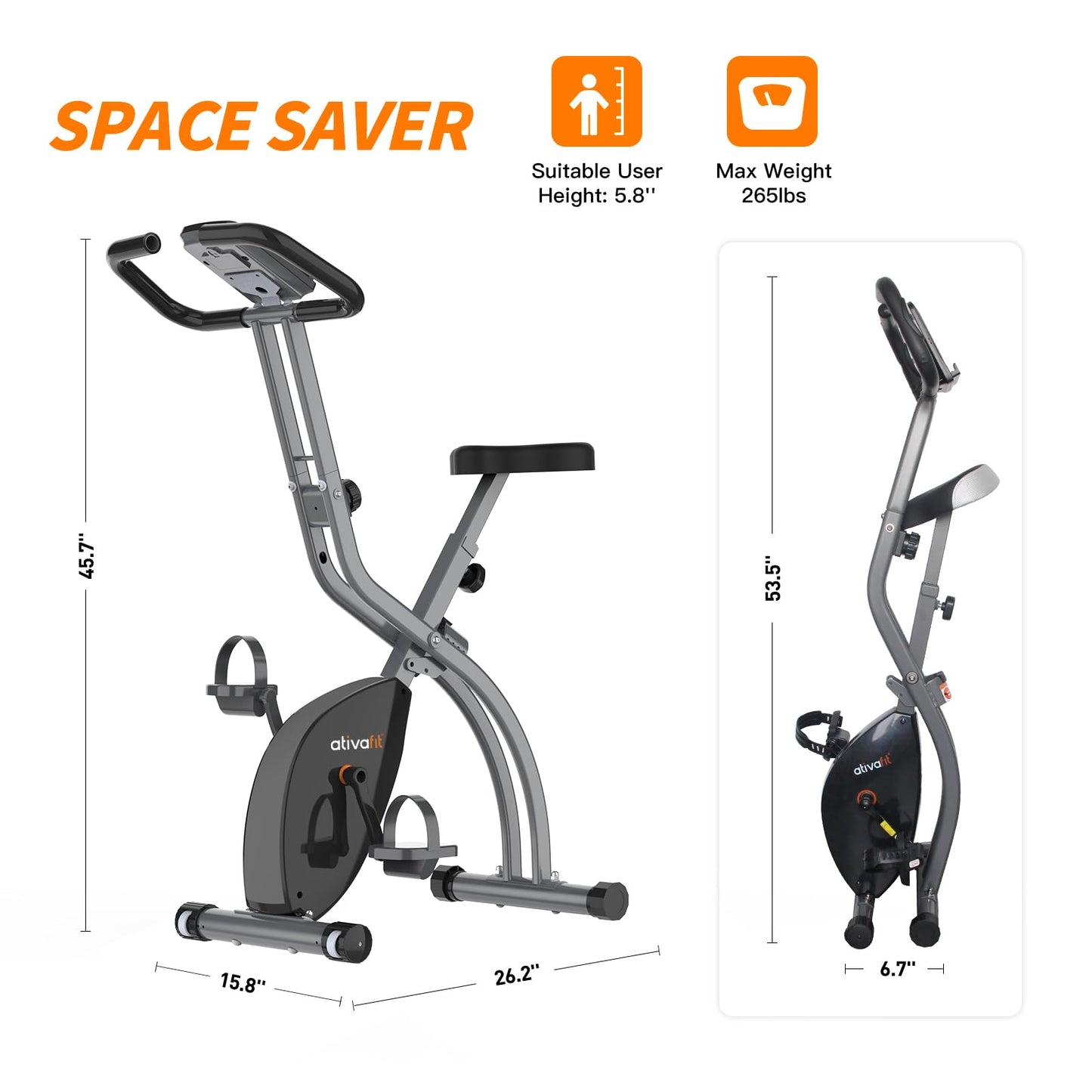 ATIVAFIT Foldable Exercise Bike 8 Resistance Levels F-Bike with Heart Rate Sensor+Phone Holder