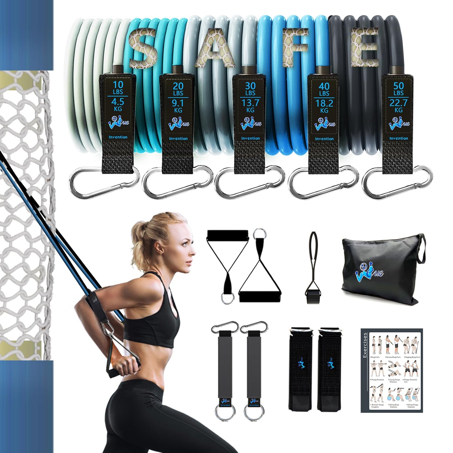 WEUE Resistance Band Safety Tube INVENTION Exercise Band for Fitness Workout Band with Handles for Men Women, Up to 150lbs with Foam Handles, Ankle Straps, Door Anchor for Gym and Home
