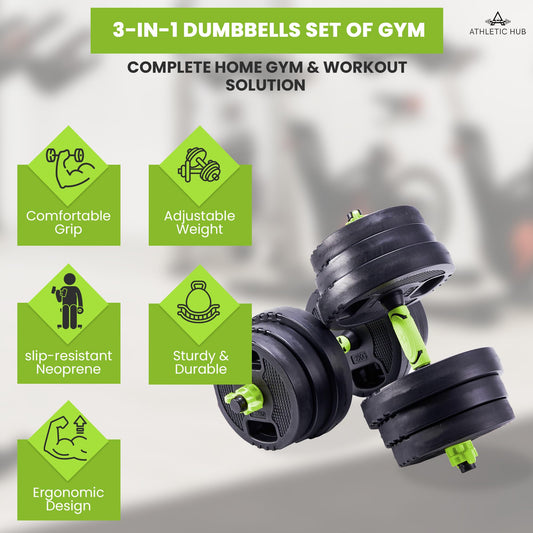 20KG 3in1 Dumbbells Set with Gym Weights Barbell/Dumbbell Body Building Kit - Home Fitness Equipment, Muscle Building, Cardio Workouts - Adjustable Weight Plates for Customized Exercises, Neoprene