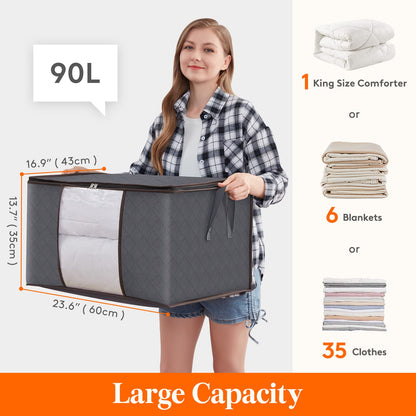Lifewit Large Capacity Clothes Storage Bag Organizer with Reinforced Handle Thick Fabric for Comforters, Blankets, Bedding, Foldable with Sturdy Zipper, Clear Window, 3 Pack, Grey