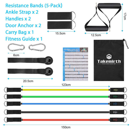 Resistance Bands Set Exercise Bands For Men Workouts With 5 Fitness Tubes, 2 Foam Handles, 2 Ankle Straps, 2 Door Anchor, Carrying Pouch-Yoga, Pilates Physio Home Gym Equipment