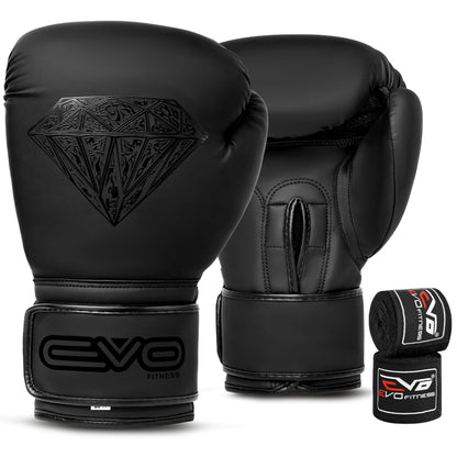 EVO Maya Hide Leather Pro GEL Boxing Gloves For MMA Punch Bag Sparring Muay Thai KickBoxing Fighting Training Glove with FREE Boxing Hand Wraps (Black Diamond Matt, 12 OZ)