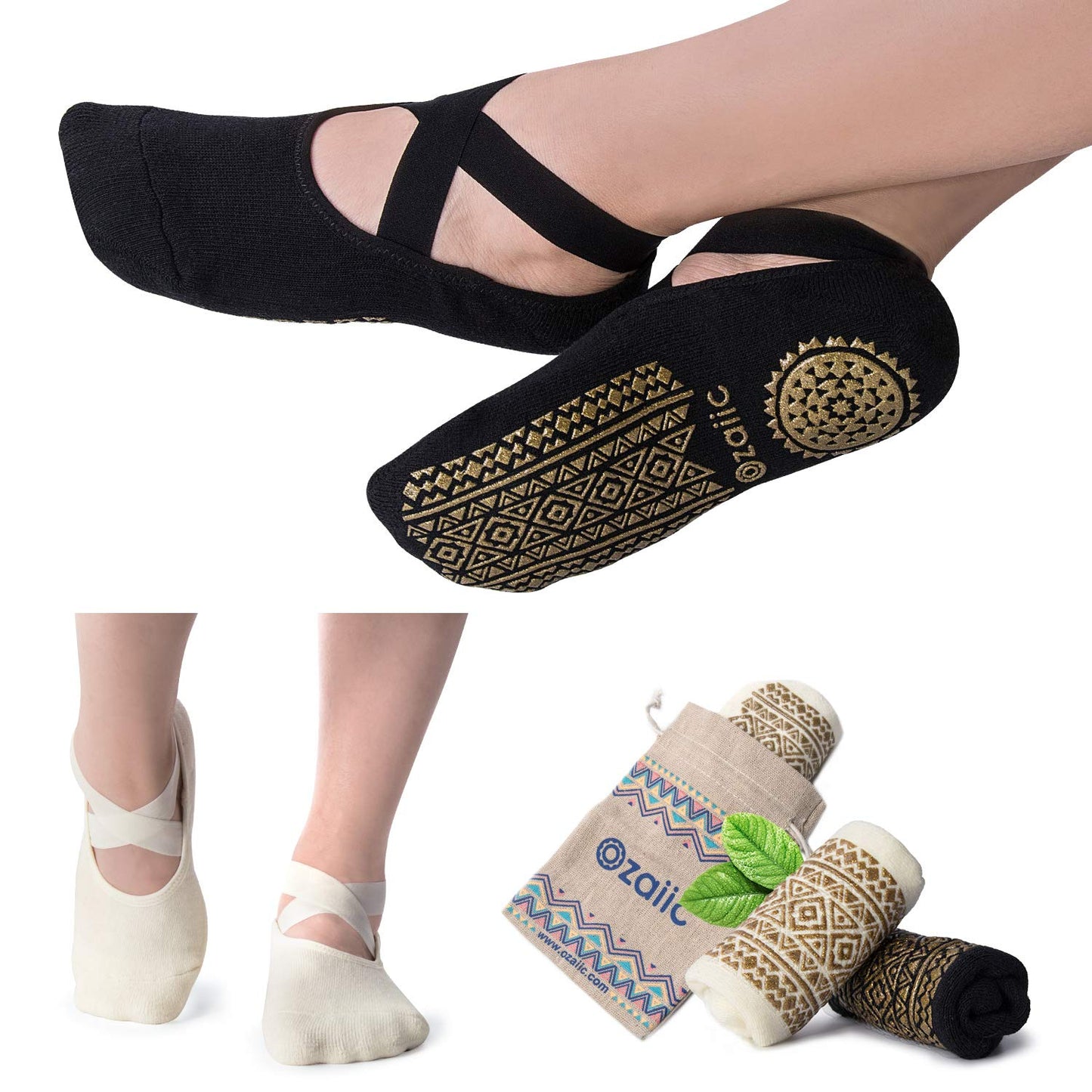 Ozaiic Yoga Socks for Women Non-Slip Grips & Straps, Ideal for Pilates, Pure Barre, Ballet, Dance, Barefoot Workout