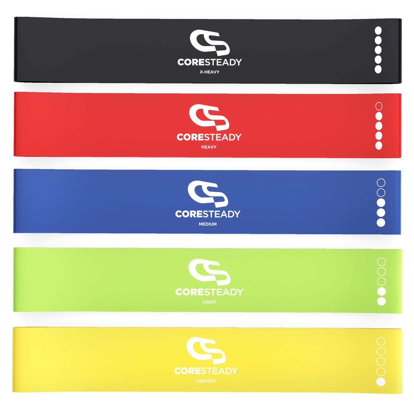 Coresteady Resistance Bands Set of 5 - Mini Fitness & Loop Exercise Band for Men & Women - Yoga, Body & Gym Sport Resistance Loop Bands for Strength, Muscle & Tone - With E-Guide & Travel Bag