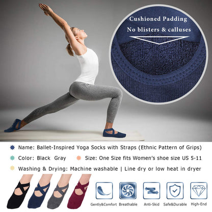 Ozaiic Yoga Socks for Women Non-Slip Grips & Straps, Ideal for Pilates, Pure Barre, Ballet, Dance, Barefoot Workout