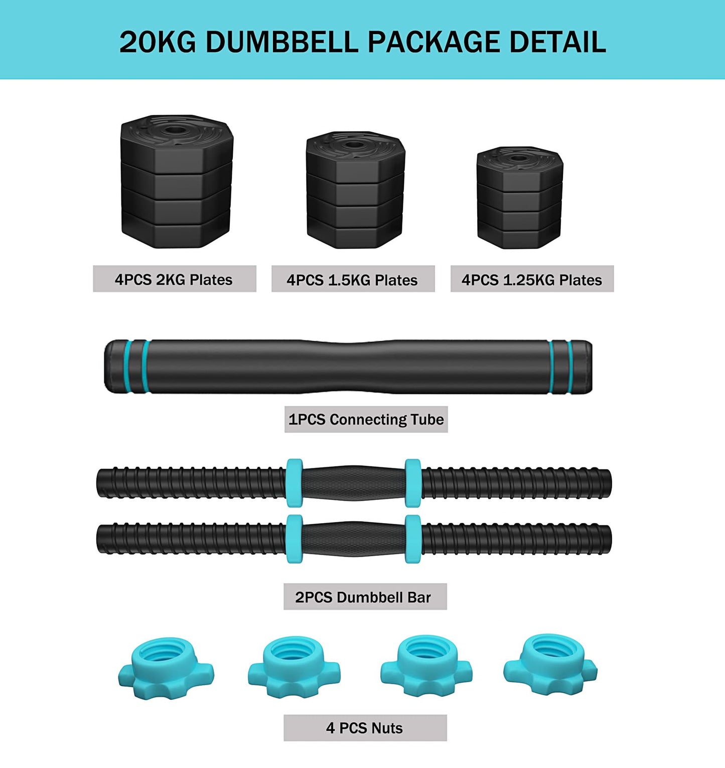 Dumbbell 20KG Adjustable Weights Fitness Dumbbell Set for Men/Women,Arm Hand Weight Barbell for Bodybuilding Exercise Strength Training Home Gym Equipment Pair with Connector