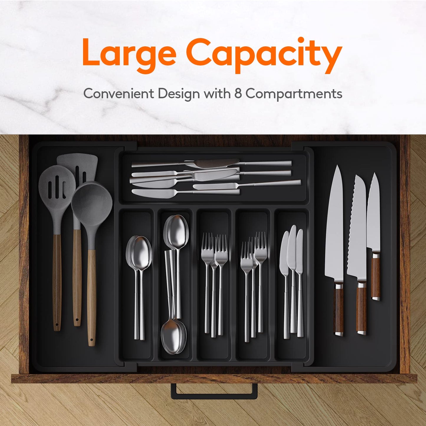Lifewit Cutlery Drawer Organiser, Expandable Utensil Tray for Kitchen, Adjustable Silverware and Flatware Holder, Compact Plastic Storage for Spoons Forks Knives, Large, Black