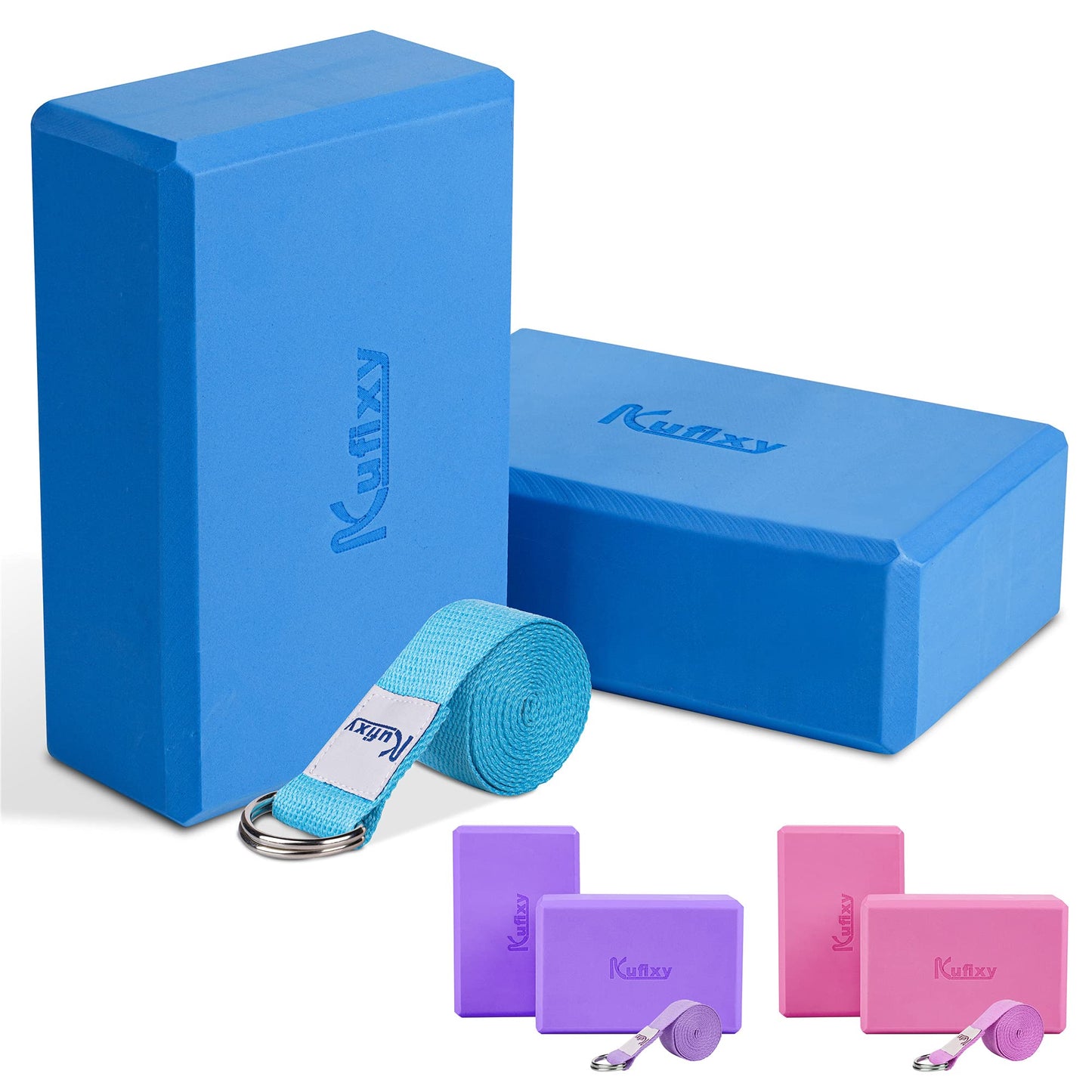 Kufixy Yoga Blocks Set of 2 with Strap EVA Foam Soft and Sturdy Non-Slip Lightweight Yoga Brick for Balance Stretching Pilates Meditation and Deep Flexible Poses-23 * 15 * 7.8 cm (Blue)