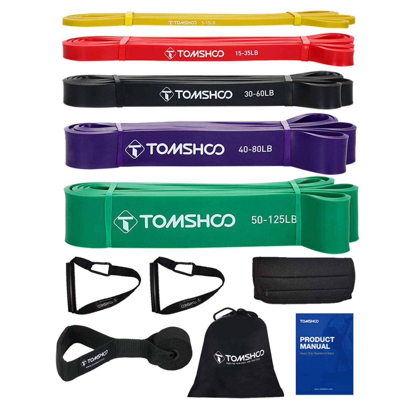 TOMSHOO Resistance Loop Bands, 5 Packs Pull Up Assist Bands Set Latex Skin-Friendly with Double Handles and Door Anchor, Workout Bands for Powerlifting CrossFit Stretching Gym Yoga Strength Training