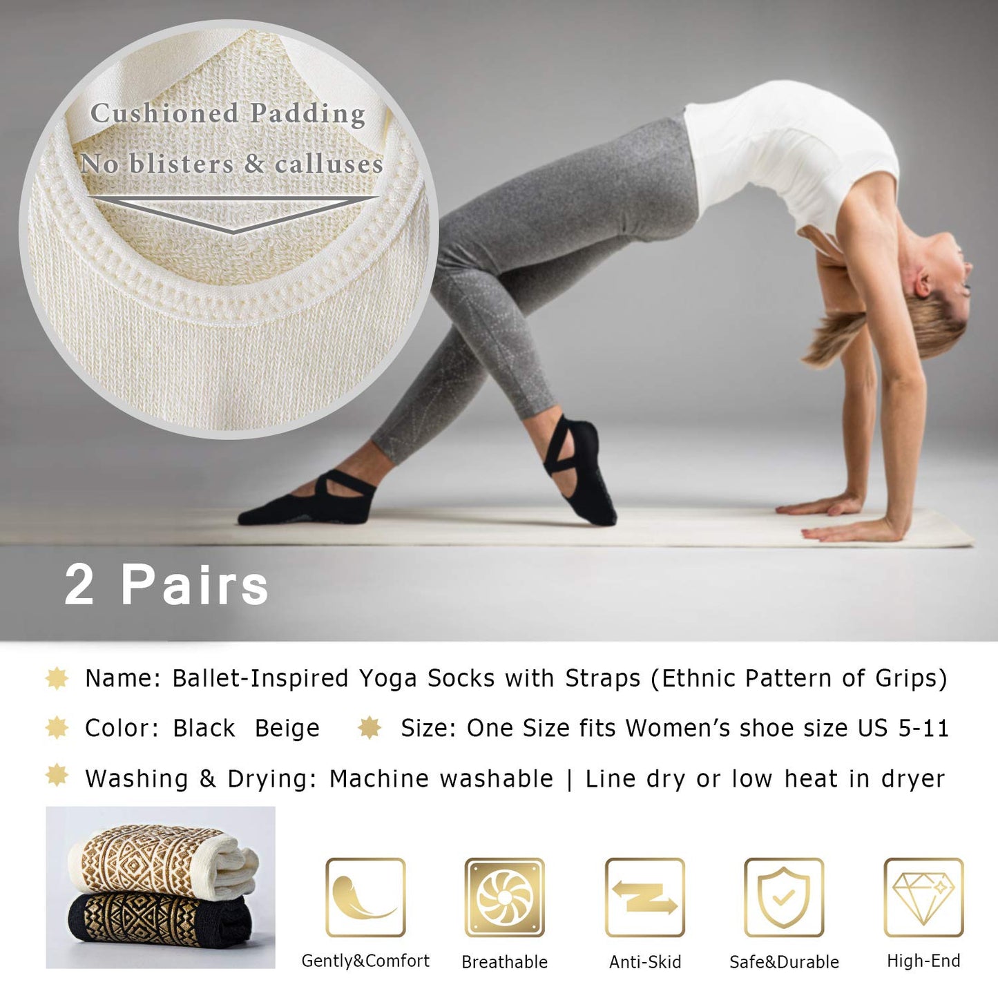 Ozaiic Yoga Socks for Women Non-Slip Grips & Straps, Ideal for Pilates, Pure Barre, Ballet, Dance, Barefoot Workout