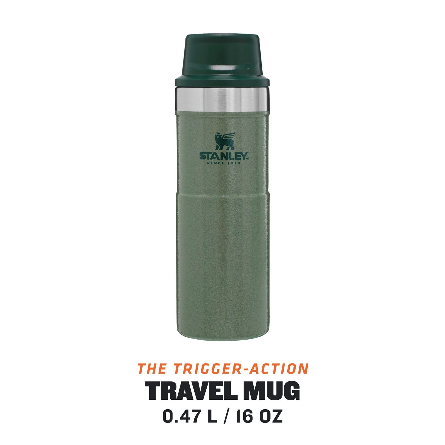 Stanley Trigger Action Travel Mug 0.47L - Keeps Hot for 7 Hours - BPA-Free - Thermos Flask for Hot or Cold Drinks - Leakproof Reusable Coffee Cup - Dishwasher Safe - Hammertone Green