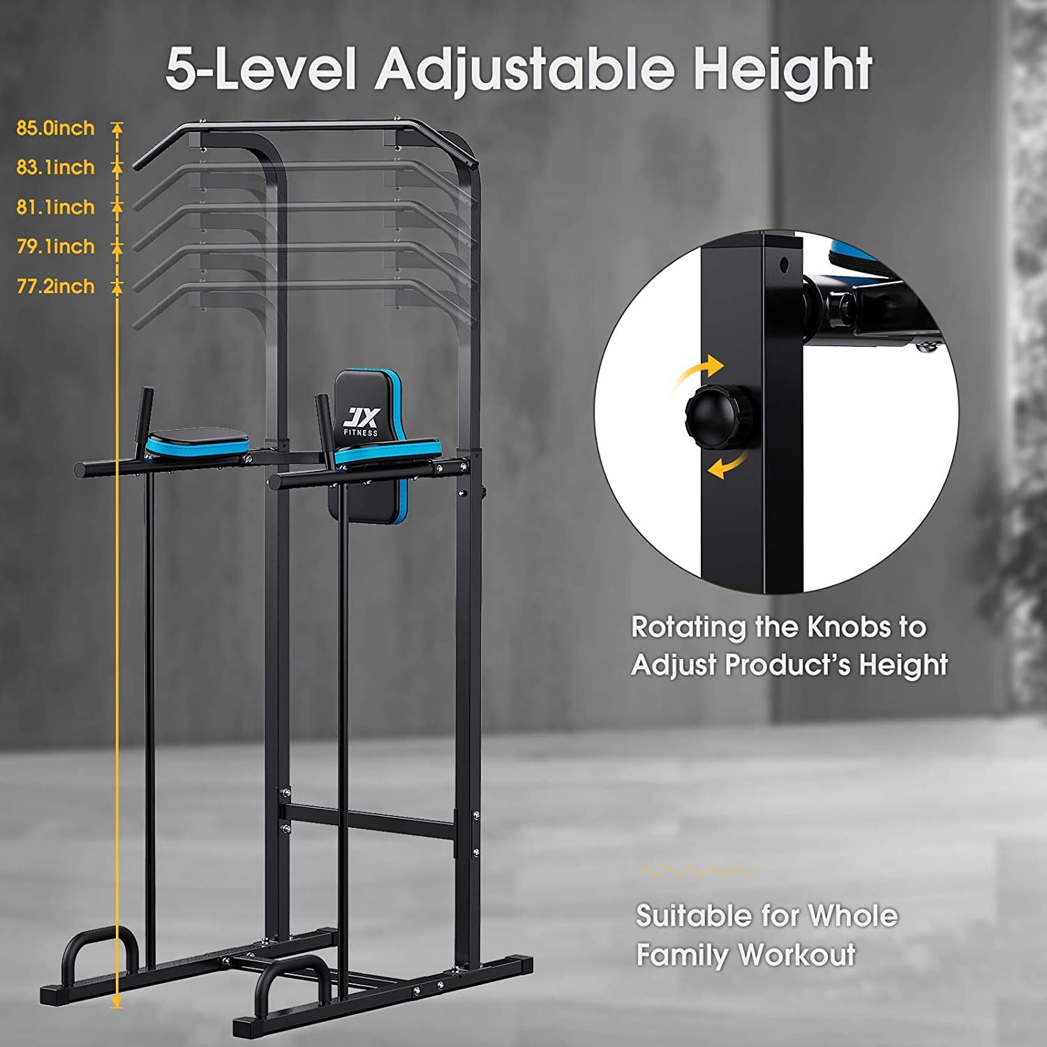 JX FITNESS Power Tower Adjustable Dip Bar Pull up Bar Knee Raise