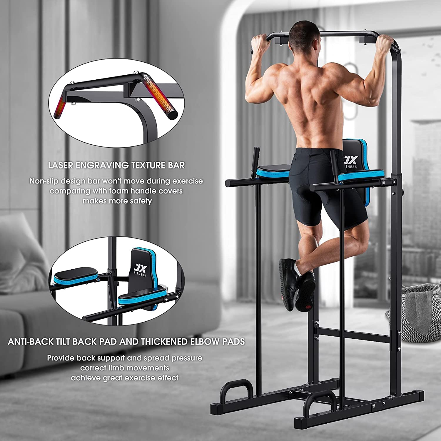 JX FITNESS Power Tower Adjustable Dip Bar Pull up Bar Knee Raise