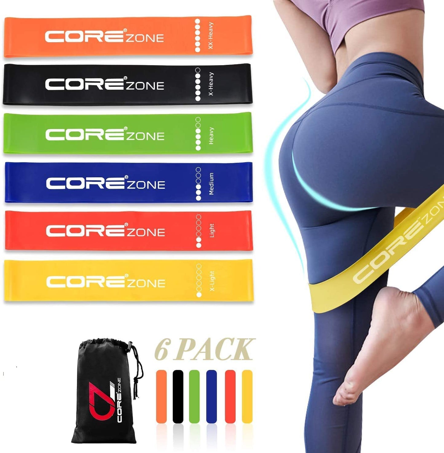 COREZONE Resistance Bands Set of 6 | Home Gym Exercise Bands for Workout | 6 Resistance Levels Bands for Glute, Yoga, Pilates, Fitness, Knee, Physio Therapy | Loop Resistance Band for Men & Women